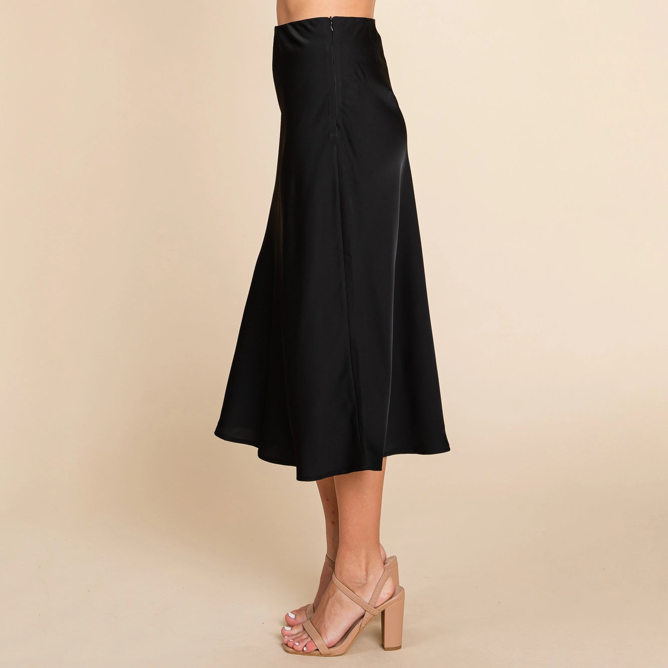 High Waist Satin A line Midi Skirt