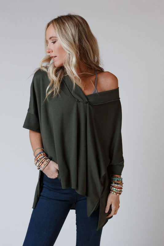 On The Go V Neck Essential Tee - Olive